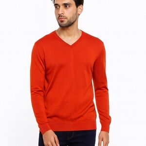 COS men’s wool silk orange v neck sweater size large FLAWED lightweight slim fit